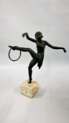A LATE C20th BRONZE COPY OF A DANCING GIRL WITH HOOP, ON A MARBLE BASE, 42CM HIGH.