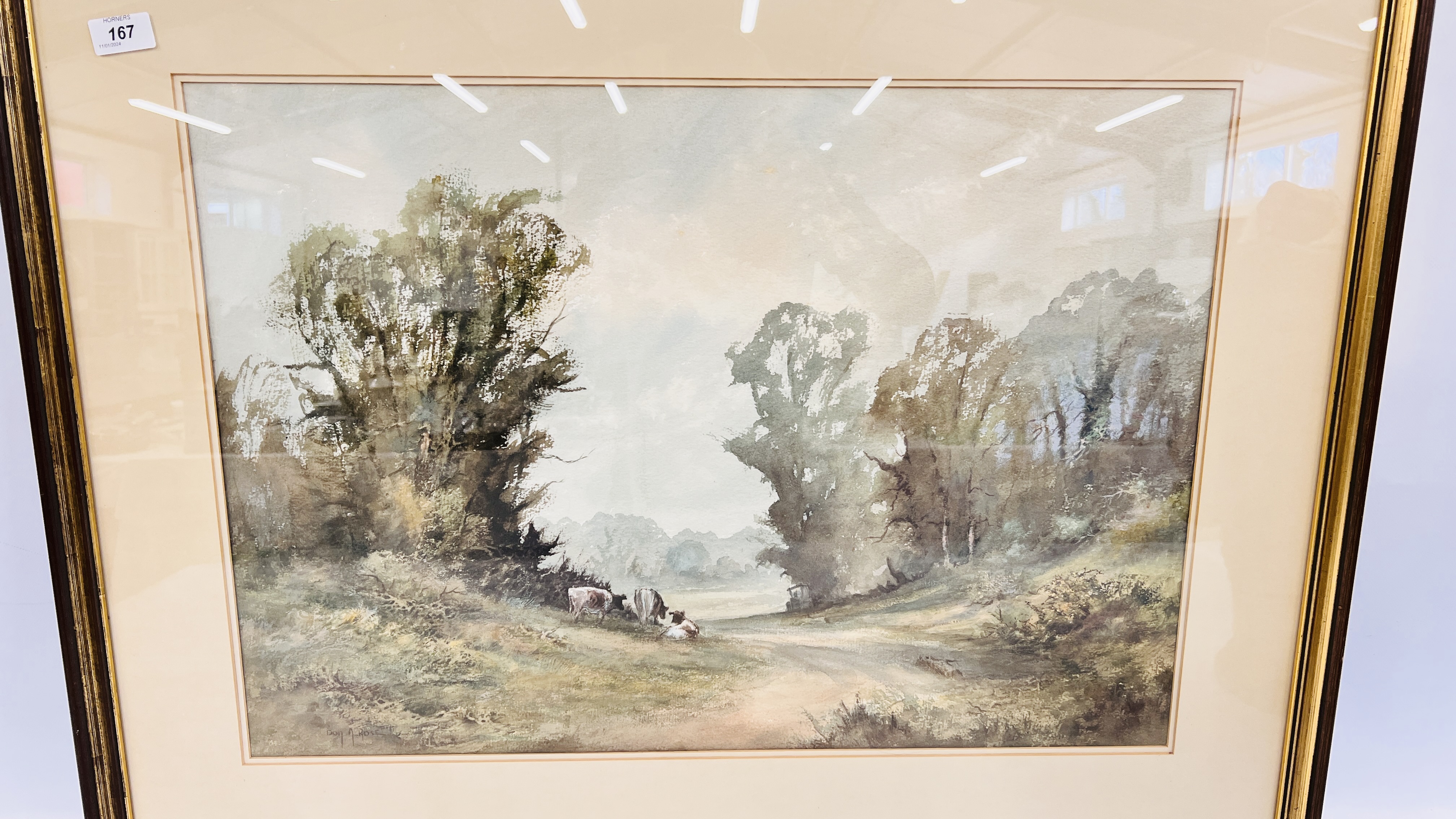 A FRAMED WATERCOLOUR "WENHASTON" DEPICTING GRAZING CATTLE BEARING SIGNATURE D. - Image 2 of 9