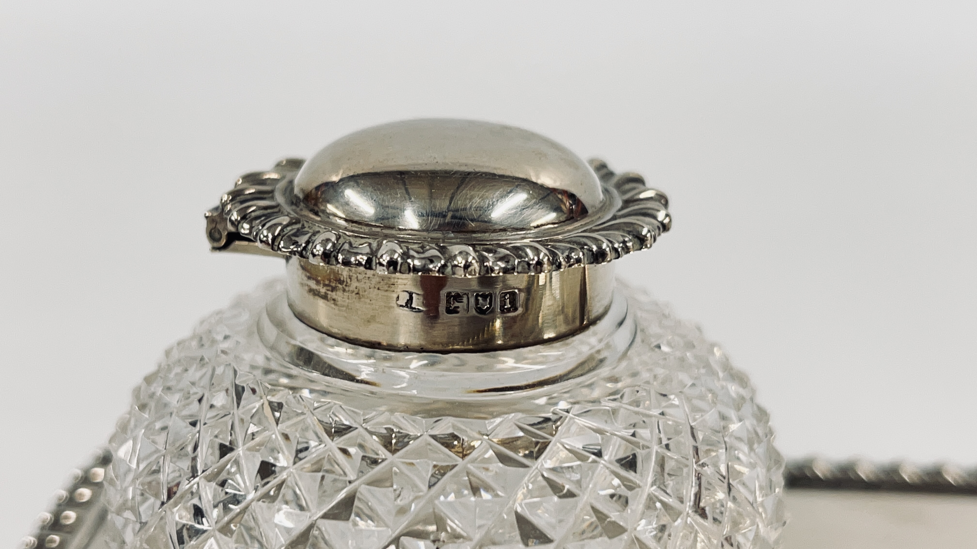 AN ANTQUE SILVER DOUBLE INK STAND RETAINING THE ORIGINAL HOBNAIL GLASS SILVER TOP INKWELLS, - Image 3 of 19