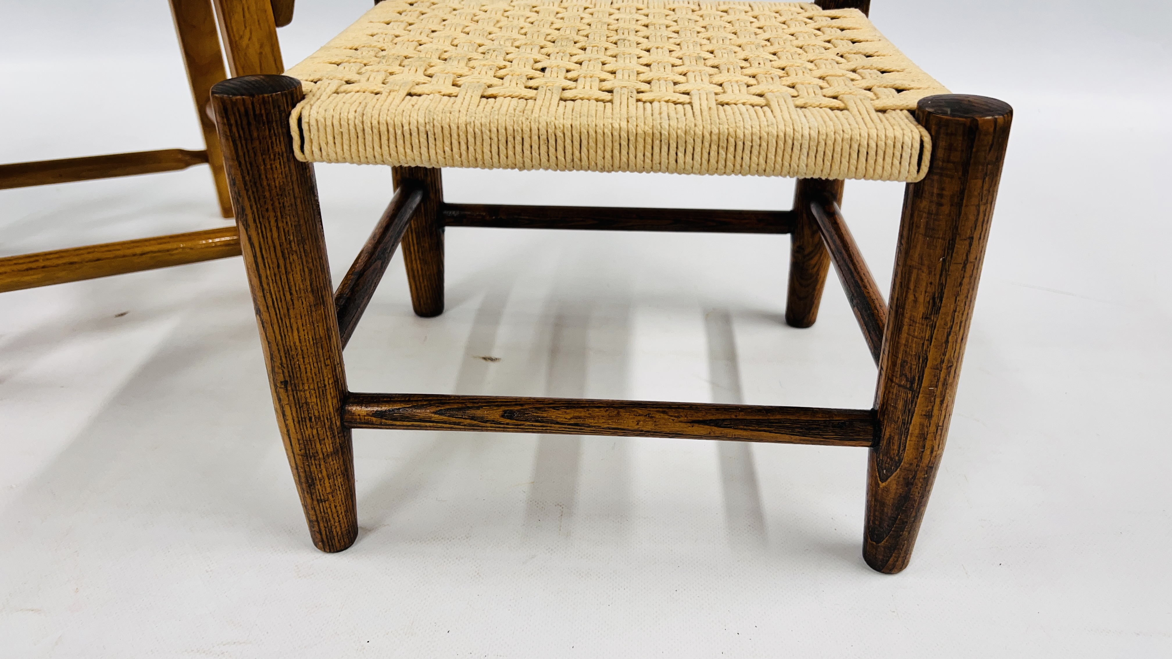 A HANDMADE SOLID OAK CHILD'S CHAIR AND SMALL OAK STOOL WITH WOVEN SEAT. - Image 7 of 9