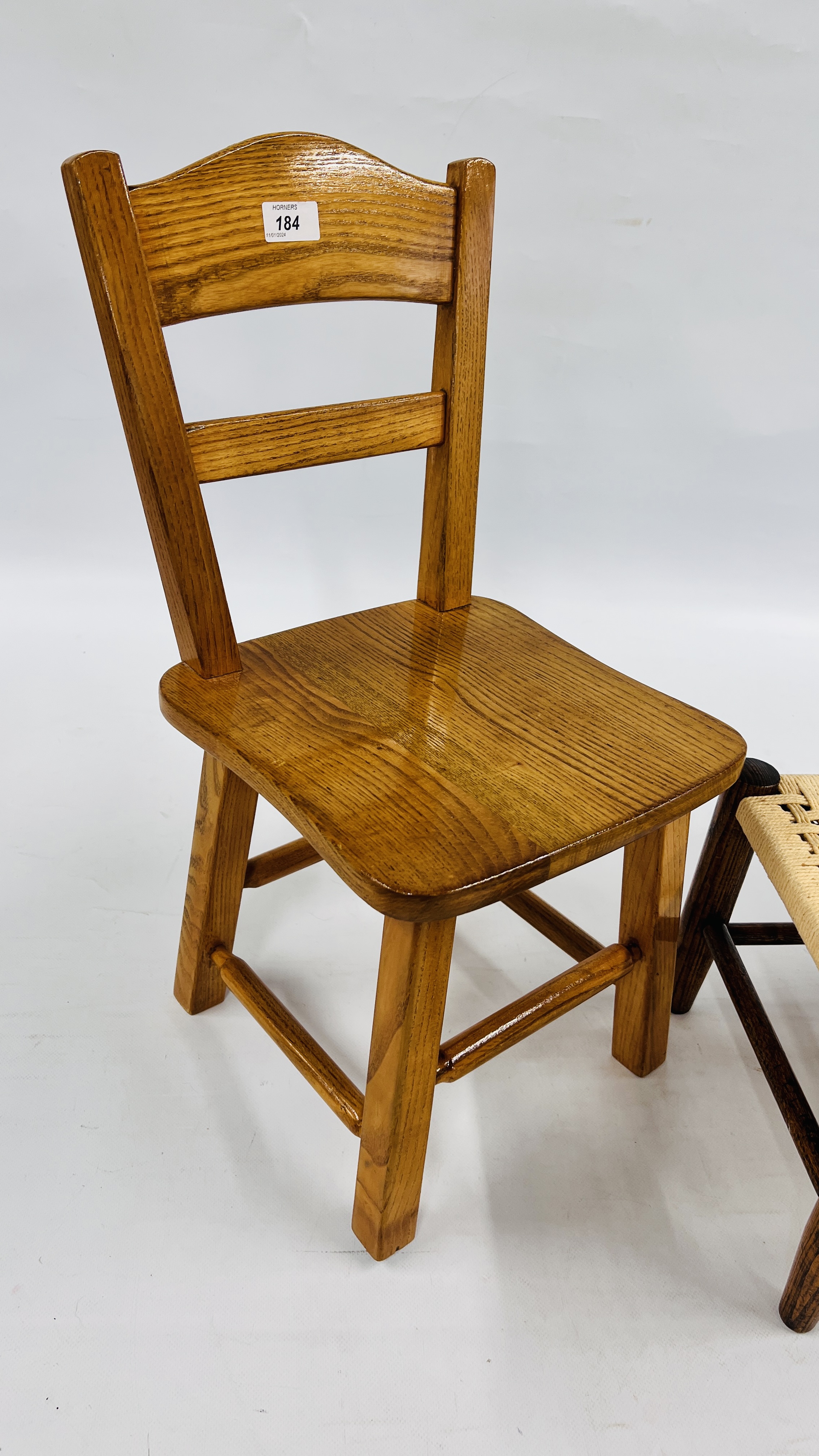 A HANDMADE SOLID OAK CHILD'S CHAIR AND SMALL OAK STOOL WITH WOVEN SEAT. - Image 2 of 9