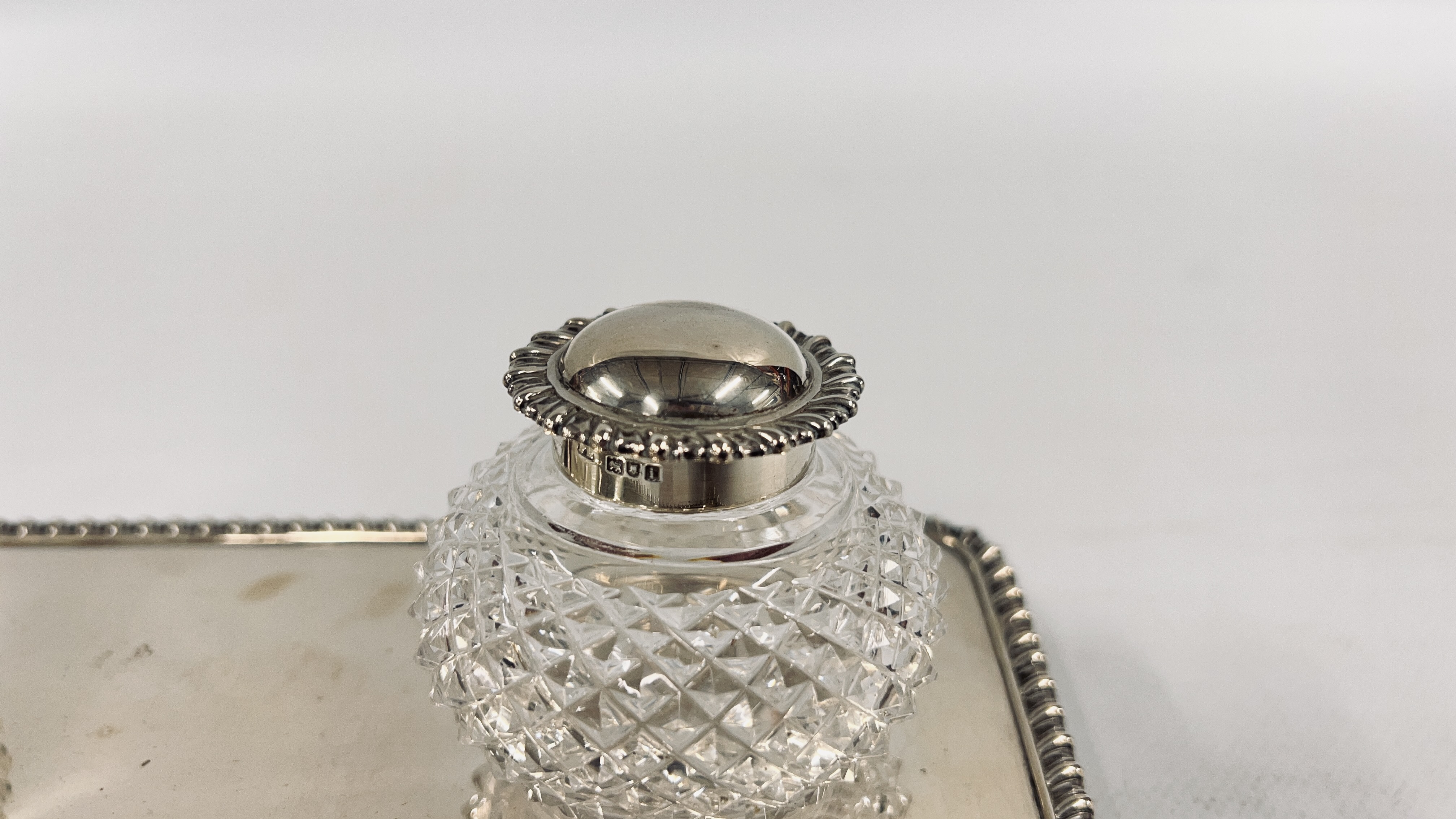 AN ANTQUE SILVER DOUBLE INK STAND RETAINING THE ORIGINAL HOBNAIL GLASS SILVER TOP INKWELLS, - Image 7 of 19