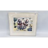 AN ORIGINAL FRAMED WATERCOLOUR "SUMMER POSTMEN" BEARING SIGNATURE SAM CAPPS 2002 - W 36 X H 26CM.