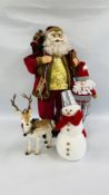 A GROUP OF CHRISTMAS DECORATIONS TO INCLUDE SANTA, BRISTLE REINDEER, SNOWMAN & A FURTHER SANTA.