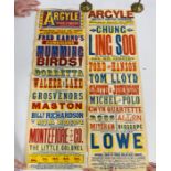 TWO VINTAGE THEATRE POSTERS "ARGYLE" CHUNG LING SOO & MUMMING BIRDS! H 87CM X W 28CM.