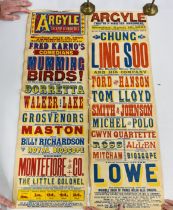 TWO VINTAGE THEATRE POSTERS "ARGYLE" CHUNG LING SOO & MUMMING BIRDS! H 87CM X W 28CM.