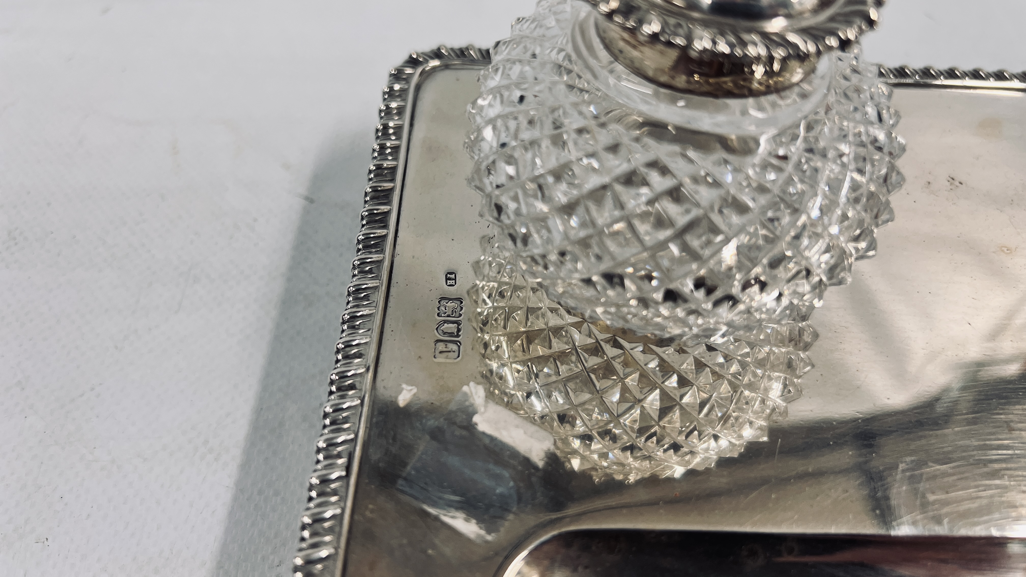 AN ANTQUE SILVER DOUBLE INK STAND RETAINING THE ORIGINAL HOBNAIL GLASS SILVER TOP INKWELLS, - Image 10 of 19