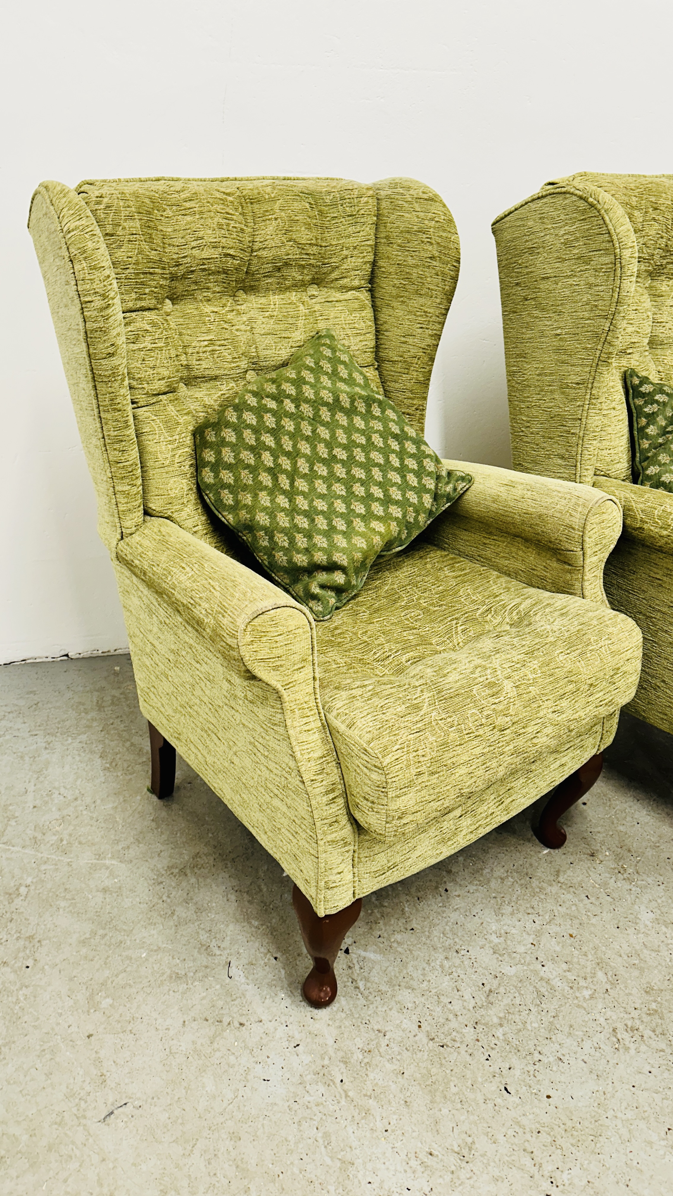 A PAIR OF SHERBORNE GREEN UPHOLSTERED WINGED EASY CHAIRS. - Image 2 of 10