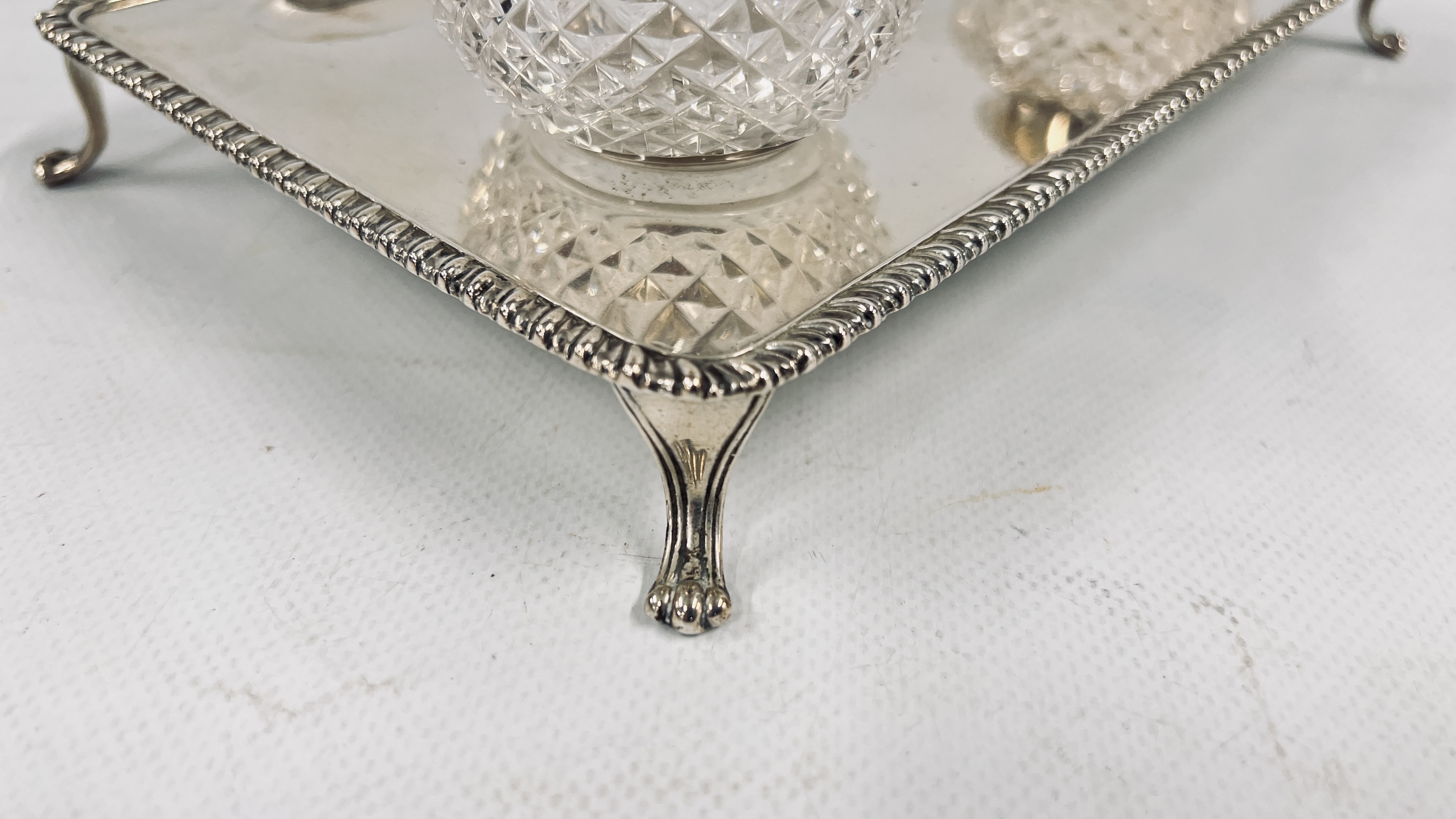 AN ANTQUE SILVER DOUBLE INK STAND RETAINING THE ORIGINAL HOBNAIL GLASS SILVER TOP INKWELLS, - Image 15 of 19