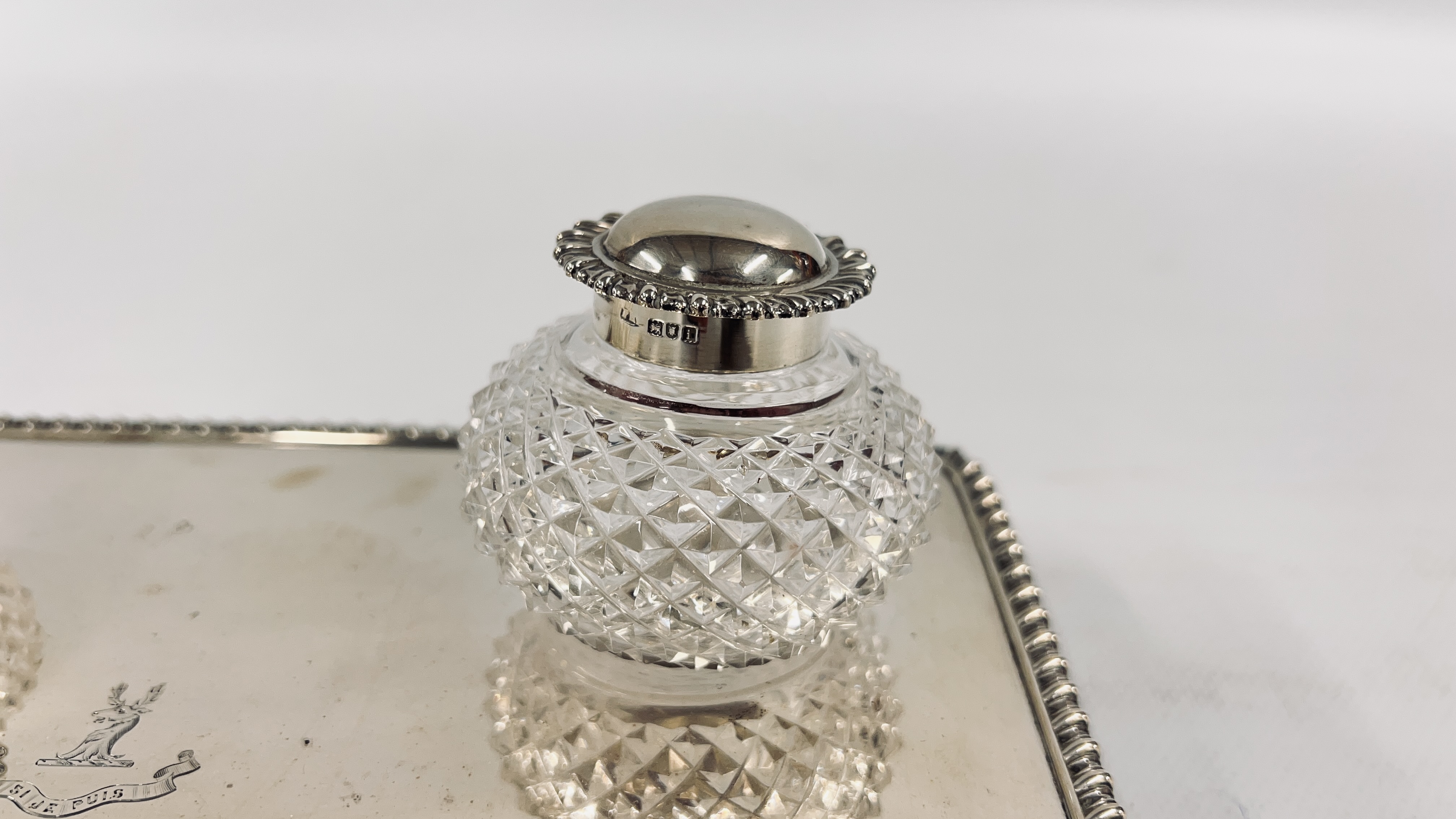 AN ANTQUE SILVER DOUBLE INK STAND RETAINING THE ORIGINAL HOBNAIL GLASS SILVER TOP INKWELLS, - Image 6 of 19