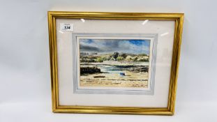 A FRAMED AND MOUNTED PASTEL COASTAL LANDSCAPE W 21CM X H 14.5CM.