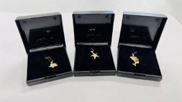 TWO 9CT GOLD PENDANTS TO INCLUDE A STAR AND AN ELEPHANT ALONG WITH A YELLOW METAL NEFERTITI PENDANT