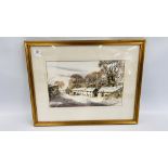 A FRAMED AND MOUNTED WATERCOLOUR DEPICTING COTTAGES IN WINTER BEARING SIGNATURE TONY MALTON - W