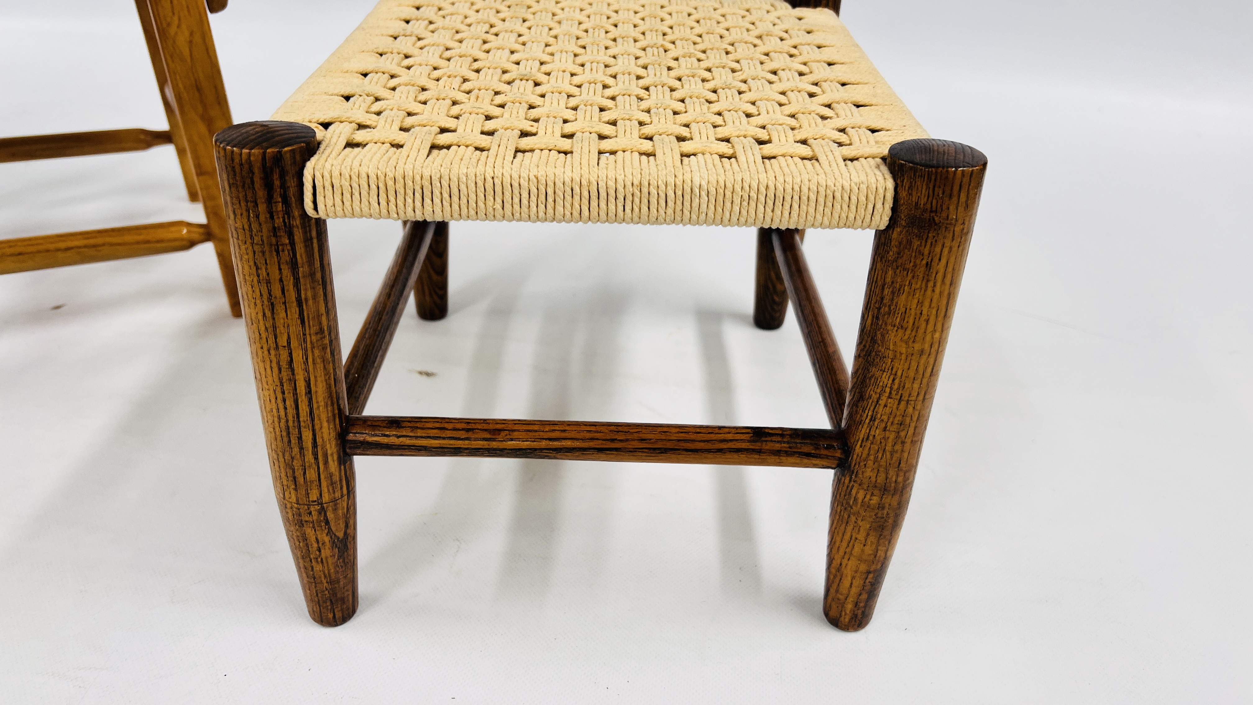 A HANDMADE SOLID OAK CHILD'S CHAIR AND SMALL OAK STOOL WITH WOVEN SEAT. - Image 8 of 9