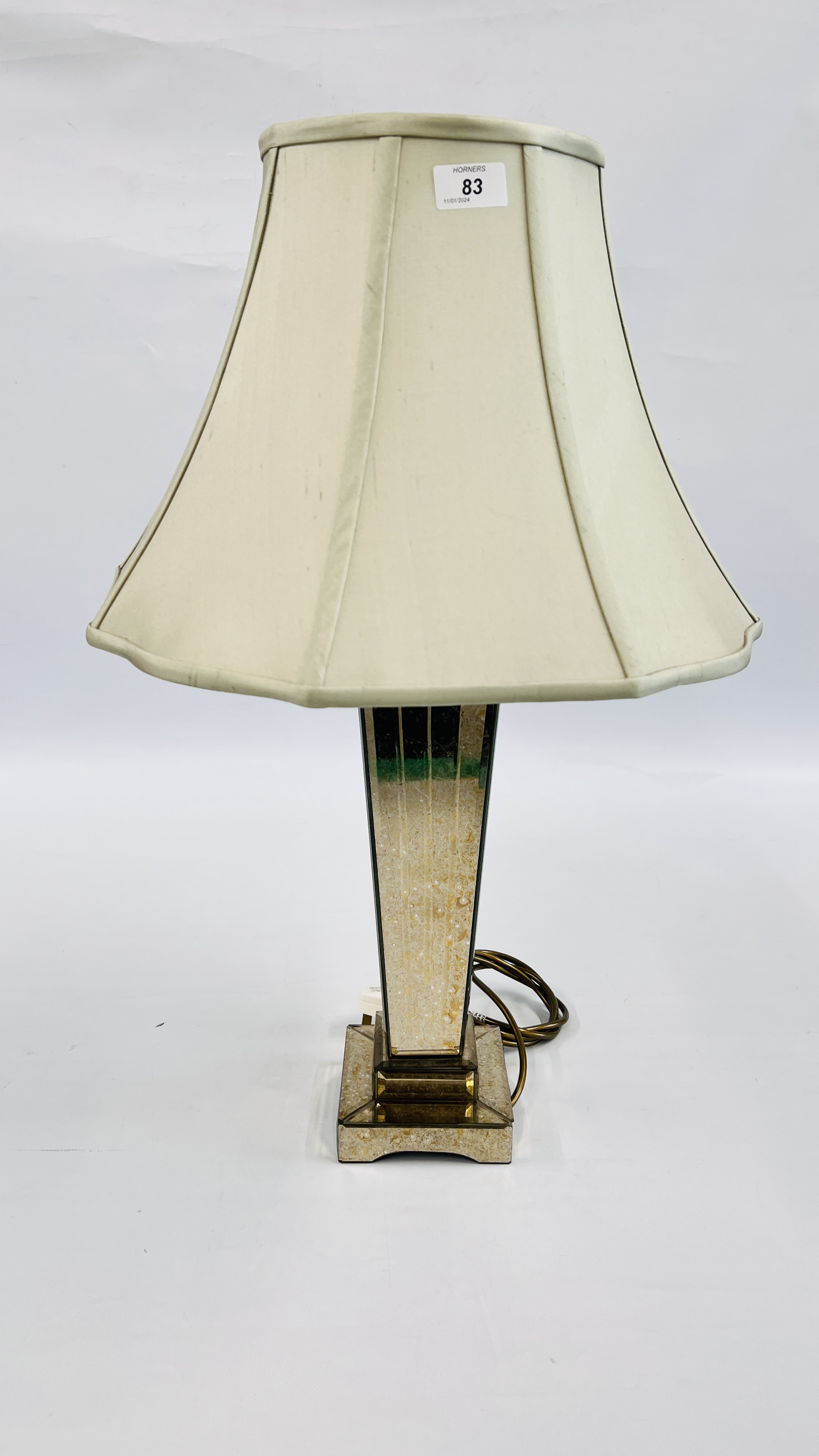 DESIGNER TAPERED MIRRORED BASE TABLE LAMP WITH PLEATED SHADE - SOLD AS SEEN.