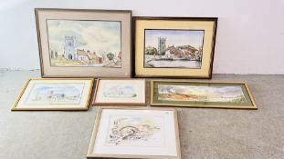 A GROUP OF SIX ORIGINAL FRAMED PEN, INK AND WASH PICTURES DEPICTING VARIOUS CHURCH,