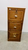 A WOOD GRAIN FINISH THREE DRAWER HOME FILING CABINET WITH BRASS FITTINGS (KEYS WITH AUCTIONEER) W