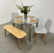 MODERN DESIGNER GLASS TOP EXTENDING DINING TABLE ON CHROME LEG SUPPORTS COMPLETE WITH OAK BENCH AND
