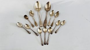 3 LARGE GEORGIAN SILVER FIDDLE PATTERN TEASPOONS, LONDON, ALONG WITH A JAM SPOON, EDINBURGH ASSAY,