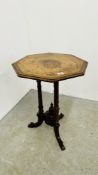 A VICTORIAN BURR WALNUT FINISH OCTAGONAL TOP OCCASIONAL TABLE.