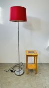 MODERN DESIGNER CHROME FINISH STANDARD LAMP WITH RED SHADE + SMALL GLASS TOP LAMP TABLE - SOLD AS