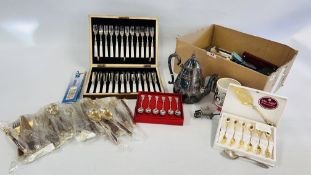 A BOX OF LOOSE AND CASED CUTLERY TO INCLUDE A MAHOGANY CASED SET OF FISH CUTLERY,