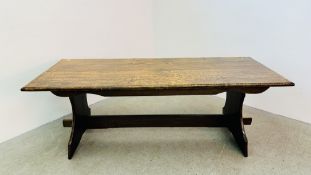 A BESPOKE HEAVY SOLID OAK REFECTORY STYLE DINING TABLE - L 213CM, W - 84CM.