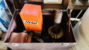 A JANSER MINIKET CARPET WHIPPING / BINDING MACHINE COMPLETE WITH WORK TABLE AND TWO LARGE BOXES OF