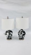 PAIR OF MODERN DESIGNER GLASS BASED TABLE LAMPS WITH MARBLE EFFECT ON CHROME STANDS AND WHITE
