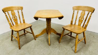 PAIR OF BEECH WOOD DINING CHAIRS ALONG WITH A BEECH WOOD DROP SIDE BREAKFAST TABLE.