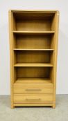 AN OAK EFFECT 4 TIER BOOKSHELF WITH TWO DRAWERS BELOW - W 90CM X D 41.5CM X H 190CM.