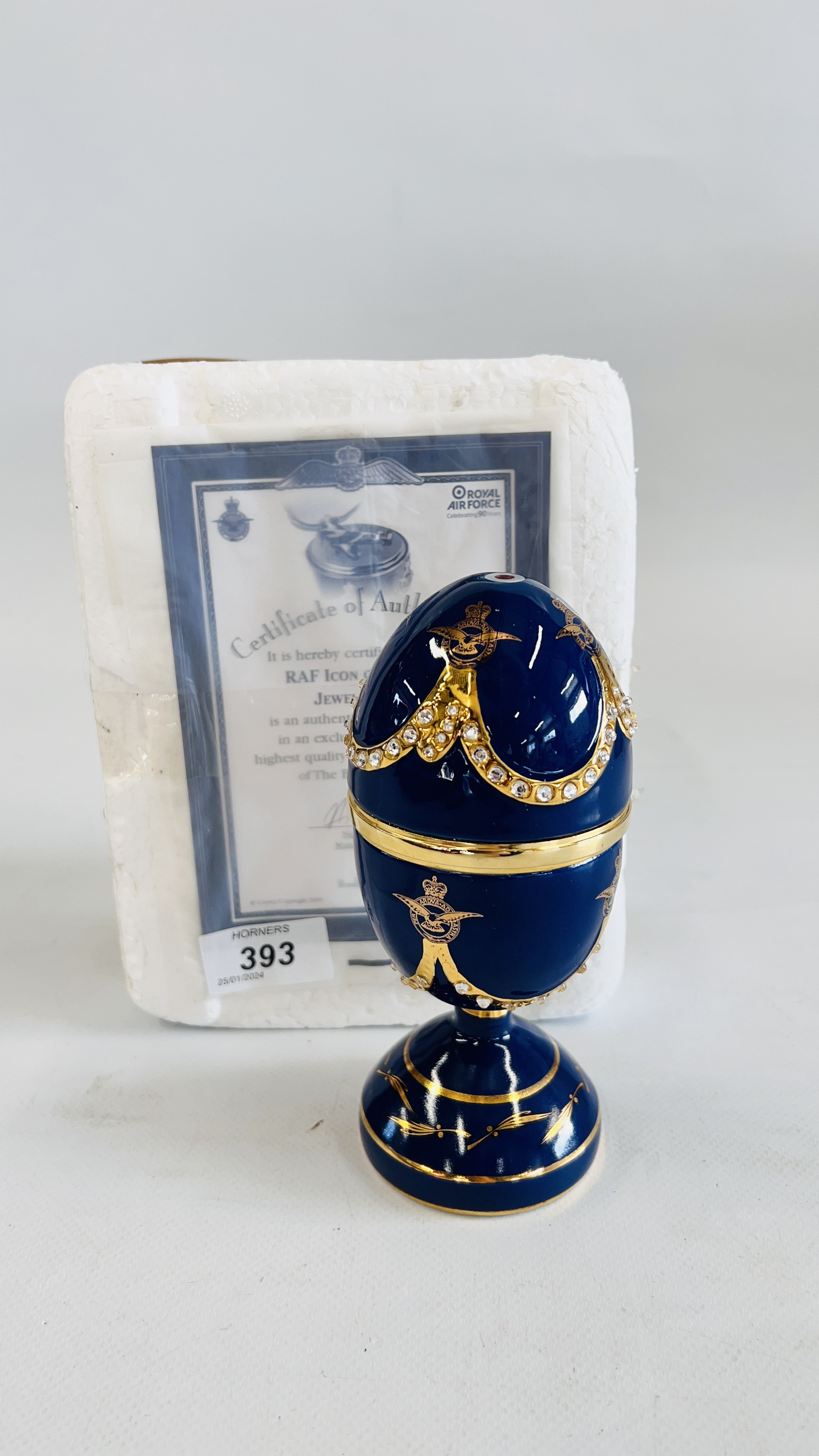 AN "RAF" BRADFORD EDITIONS "ICON OF THE SKY" JEWELLED COLLECTORS EGG WITH CERTIFICATE OF