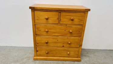 A SOLID HONEY PINE 2 OVER 3 DRAWERS, W - 90CM, D - 42CM, H - 98CM.