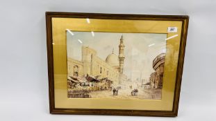 A FRAMED AND MOUNTED VICTORIAN WATERCOLOUR OF AN ARABIAN MARKET SCENE BEARING SIGNATURE - 42CM X