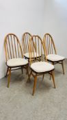 A SET OF 4 ERCOL STYLE HOOP BACK DINING CHAIRS.