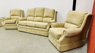 RUTLAND CREAM 3 SEATER SOFA ALONG WITH 2 MATCHING ARMCHAIRS.