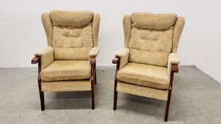 PAIR OF GOOD QUALITY MODERN HIGH SEAT ARMCHAIRS UPHOLSTERED IN FAWN MATERIAL.