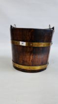 ANTIQUE OAK AND BRASS BOUND BUCKET WITH BRASS HANDLE AND TIN LINER - HEIGHT 28CM X DIAMETER 31CM.