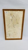 A FRAMED AND MOUNTED DRAWING BEARING SIGNATURE VIVIEN JOHN 1972 34CM X 61CM.
