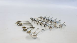 A COLLECTION OF 12 KNIFE RESTS IN THE FORM OF HORSES ALONG WITH A SCOTTISH SILVER LADLE AND VARIOUS