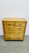 A SOLID LIGHT OAK TWO OVER THREE DRAWER CHEST, W 87CM, D 41CM, H 97CM.