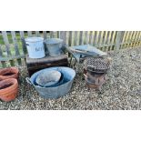 GROUP OF RECLAIMATION ITEMS TO INCLUDE - THREE GALVANISED BATHS, GALVANISED BUCKET,