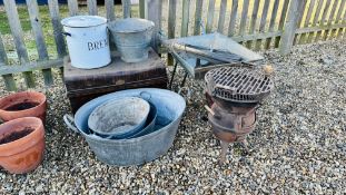 GROUP OF RECLAIMATION ITEMS TO INCLUDE - THREE GALVANISED BATHS, GALVANISED BUCKET,