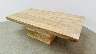 A DESIGNER RECTANGULAR SOLID MARBLE PEDESTAL COFFEE TABLE, 130 X 70CM.