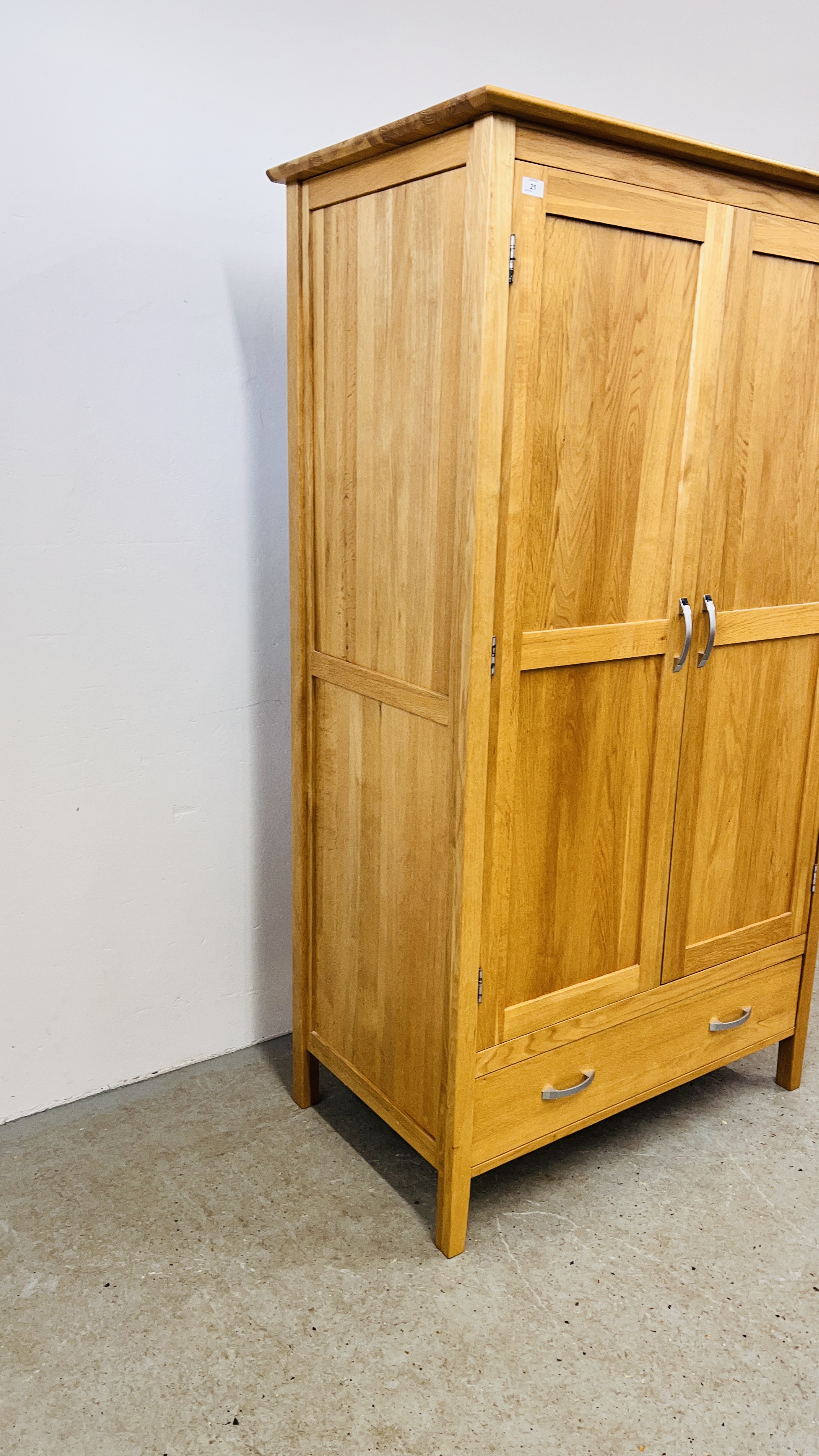 A SOLID LIGHT OAK DOUBLE WARDROBE WITH DRAWER TO BASE, W - 110CM, D - 60CM, H - 191CM. - Image 3 of 8