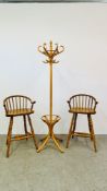 A PAIR OF BEECHWOOD BAR STOOLS AND 6 BRANCH BEECHWOOD COAT STAND.