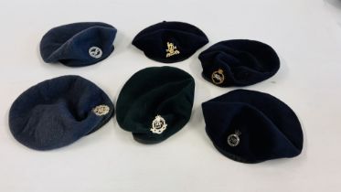 6 X QUEENS CROWN BERETS INCLUDING THE BLUES & ROYALS, RAF, BOARDER REGIMENT MILITARY POLICE,