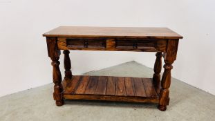 A RUSTIC HEAVY HARDWOOD 2 DRAWER SIDE TABLE WITH UNDER TIER, W - 120CM, D - 48CM, H - 77CM.