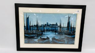 A FRAMED AND MOUNTED MIXED MEDIUM WATERCOLOUR AND GOUACHE BOATS MOORED UP BEARING SIGNATURE H.