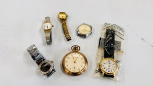 A GROUP OF WRIST WATCHES TO INCLUDE A VINTAGE EXAMPLE MARKED SAMBA LUXE + AN INGERSOL POCKET WATCH.